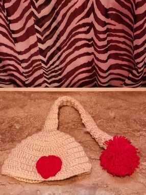 Cream Crochet Hat with Red Heart and Pom Newborn Photo Prop